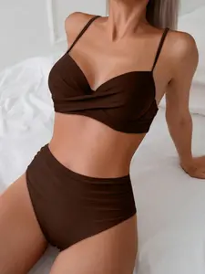 Women's Solid Color Bikini Set, Sexy Crossed Ruched Adjustable Straps, High Waist Tummy Control Swimsuit, Summer Pool Party Two-Piece Swimwear