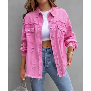 Women's Oversized Frayed Lightweight Denim Jacket Button Down Ripped Distressed Jean Shacket