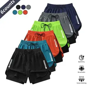 6PCS Men’s 3” solid 2‑in‑1 quick‑dry workout shorts — moisture‑wicking, minimalist style, ideal for outdoor activities; quick dry and breathable running shorts, breathable and comfortable shorts, Drawstring