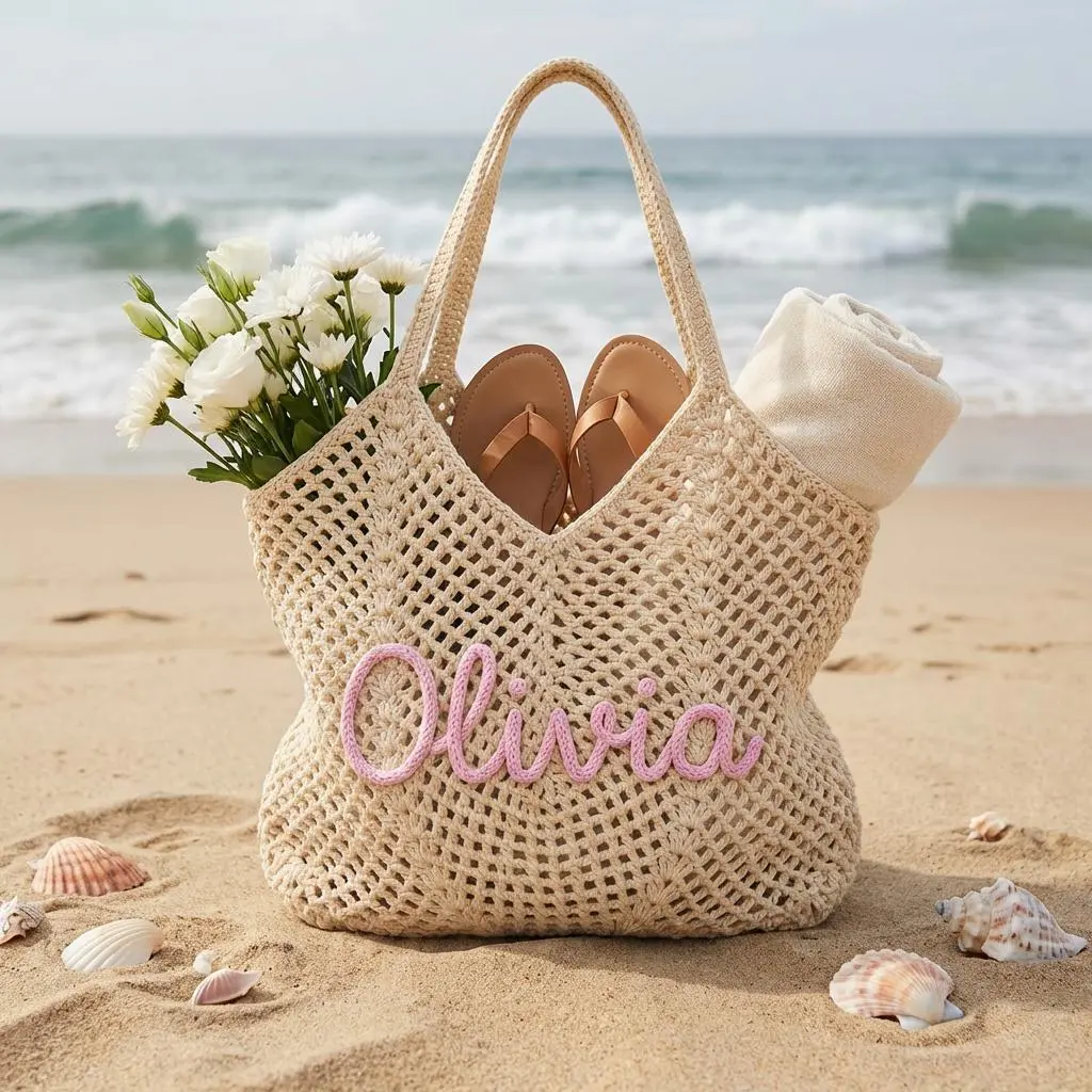Personalized Crochet Beach Tote Bag Custom Name Bridesmaid Gift Bachelorette Bag Bridal Shower Beach Bag Bride Tribe Knit Summer Tote