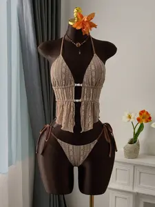 Vintage Swimsuit Bellisia Women's Floral Lace Mesh Beaded Halter Neck Tankini Set Cream Bathing Suit Boho Fringe Spring Summer