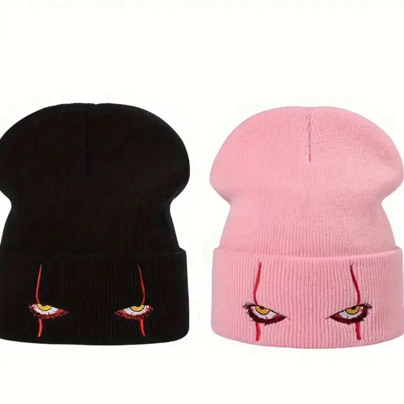 Unisex Horror Clown Eyes Knitted Hat 100% Acrylic Soft Warm Coldproof Winter Ski Hat White with Red Accents Hip Hop Casual Style for Men & Women Halloween Costume Party Gift