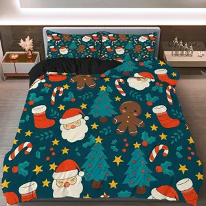 3PCS Duvet Cover Set, 1 Duvet+2 Pillowcases(Without filler), Santa Claus Christmas Tree Gingerbread Candy Cane Star theme, Christmas bedding set, Perfect for Holiday Bedroom Festive Decoration Gift.
