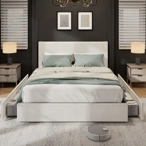 GARVEE Bed Frame, Full Size Platform Bed Frame with 4 Storage Drawers, Upholstered Channel Tufted Wingback Headboard Bed Frame with Strong Wooden Slat Support, No Box Spring Needed, Beige