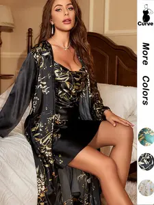 Plus Size Floral Print Satin Belted Robe & Draped Cami Nightdress Pyjama Two-piece Set, Casual Long Sleeve Robe & Cowl Neck Camisole Nightdress Pj Set, Lounge Sets, Loungewear, Pajama Sets Women, Women's Sleepwear for All Seasons, Fall Wear, Womenswear