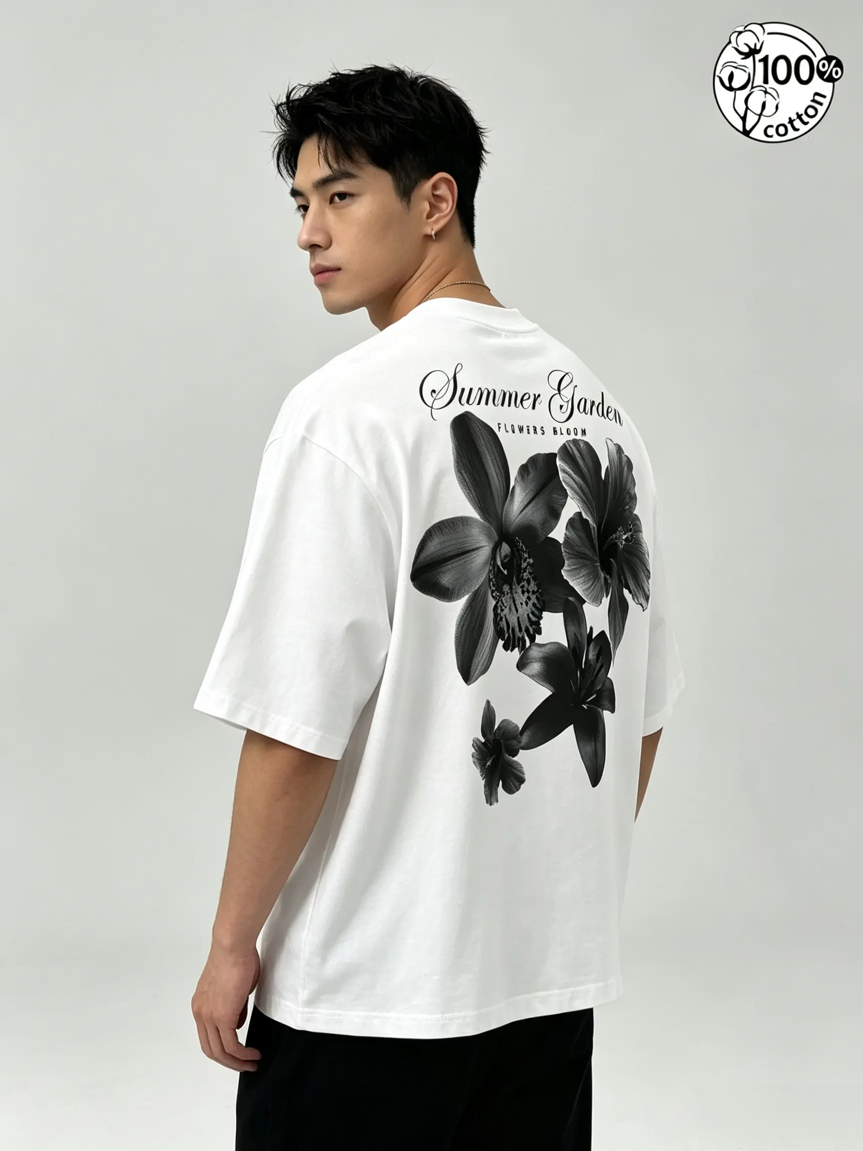 Men's 100% Cotton White Cropped T-Shirt | Black & White Floral Print + "Summer Garden" Slogan Sweet Y2K Casual Streetwear Top Sleeve Fabric