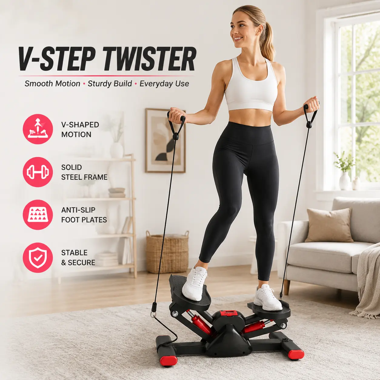 V-Shape Steel Frame Stepper Machine - Portable Compact Design, Smooth Stepping Motion, Stable Footplates for Home Daily Movement