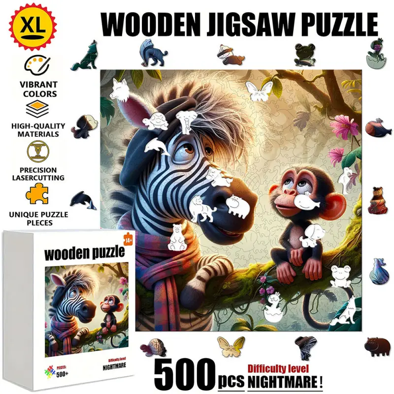 1 Box (500 pcs) Wooden Puzzle: Zebra and Monkey in the Jungle. The wooden puzzle is durable and not easily damaged, suitable for family entertainment, solo time, leisure on rainy days, and is a perfect home decoration that enhances happiness. It is a wond