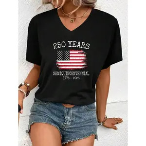2026 V Neck T Shirt White American Flag 250 Years Semiquincentennial 1776 2026 Print For Independence Day Celebration