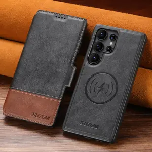 2 in 1 Flip Phone Case with Card Slot, PU Leather Business Phone Case, Magnetic Wireless Charging Phone Case for Samsung Galaxy S25 S24 23 22 Ultra, Screen Protector