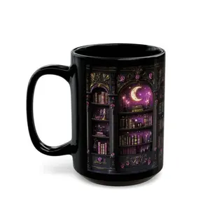 [Sale up to 30%] + [FREE SHIP] Moonlit Bookshelf Ceramic Mug Gift, Gothic Book Lover Celestial Coffee Tea Cup, Witchy Decor Dark Academia Drinkware Idea