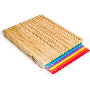 Cutting Boards for Kitchen-Bamboo Cutting Board Set with 6 Color-Coded Flexible Chopping Mats, Easy Clean Wood and Dishwasher-Safe Plastic, Large 17×12 Inches, Knife-Friendly