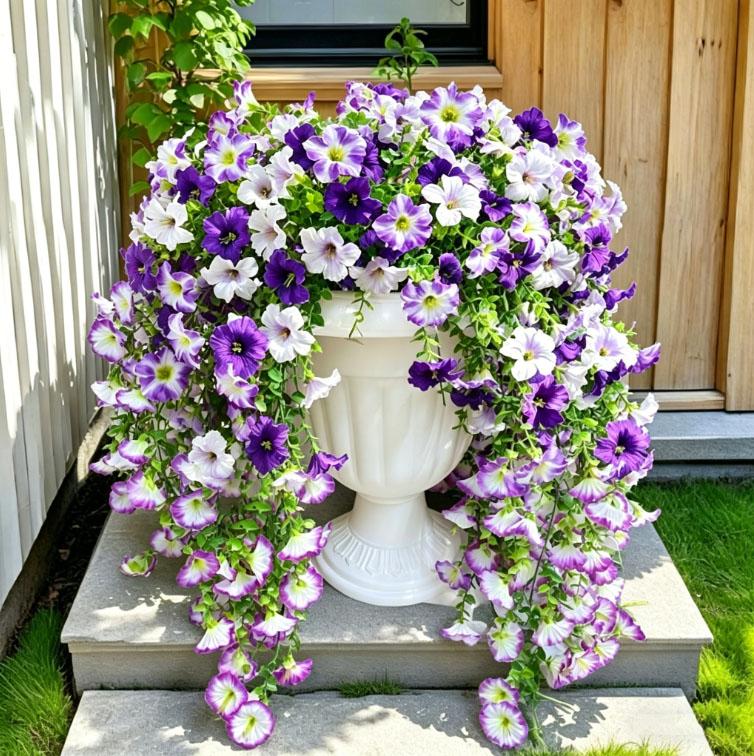 Outdoor simulation violet flowers, 2/4-piece set of UV-resistant fake hanging plants, silk long hanging vines for spring outdoor potted plants, porch and garden decor, suitable for Mother's Day, Thanksgiving, Christmas, wedding decorations and more.