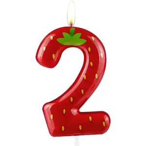 Strawberry Number 2 Candle, Modern Fruit Themed Birthday Cake Decoration, Unscented, Novelty Candle