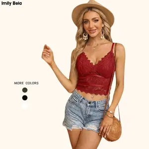 Imily Bela  Women's Soft Casual Lace Crochet Spaghetti Strap Cami Crop Top Camisole