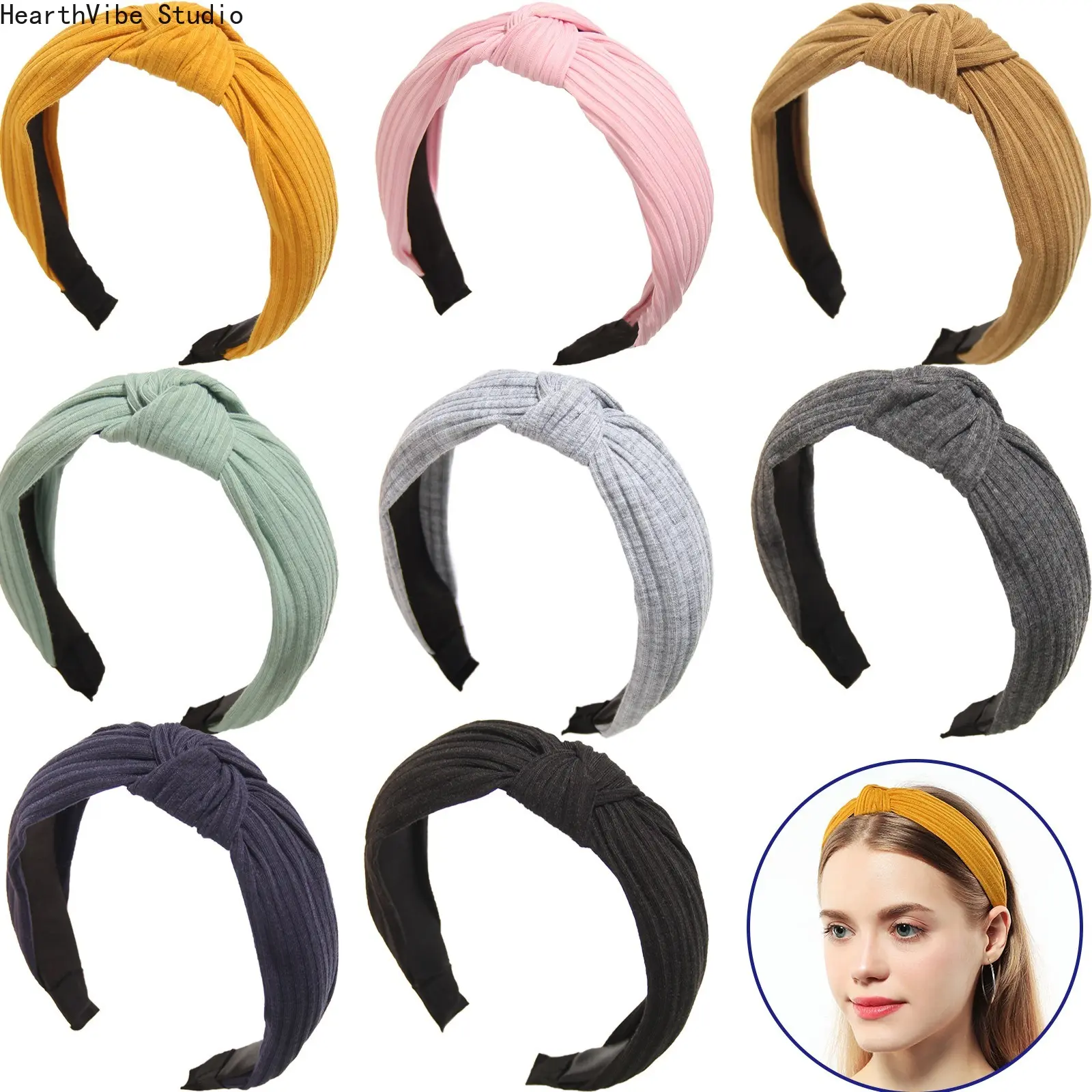 Solid Color Turban Knot Headbands for Women, Wide Knitted Polyester, Elastic Workout Hair Band for Gym & Daily Wear, Workout Headband, Hairbands, Adults, Wide Band, All, Plain, Gym Headband