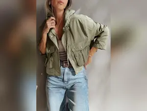 Laurel Green Zipped Pocket Cropped Hooded Utility Jacket