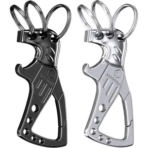 Heavy Duty Metal Keychain for Daily Use, Carabiner Keys Clips Cool with Bottle Opener, 3 Key Rings, Secure Locking Gate, Family Car Key Chains for Men and Women(Black+Grey,2-Pack)