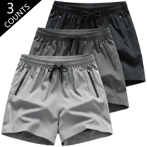 Men’s 3-Pack Crew-Length Quick-Dry Activewear Shorts - Elastic Drawstring Waist, Side Zipper Pockets for Summer Workout, Gym (Sohochic)