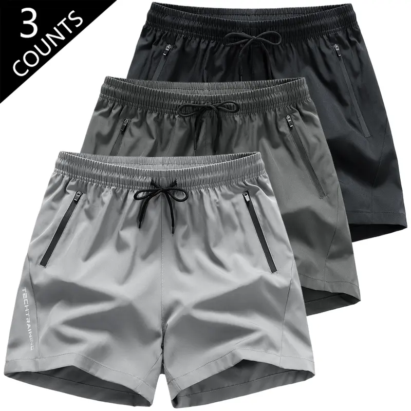 Men’s 3-Pack Crew-Length Quick-Dry Activewear Shorts - Elastic Drawstring Waist, Side Zipper Pockets for Summer Workout, Gym (Sohochic)
