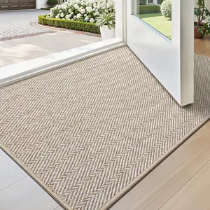 Ultra Thin Indoor Door Mat for Entrance 17"x30", Non Slip Entryway Mat, Low Profile Doormat, Unique Herringbone Carpet for Inside, Patio, Porch, Beige