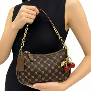 Fashion Classic Shoulder Bag, Versatile PU Waterproof Fabric Letter Pattern Decorative Design Handbag  Solid Color Crescent Bag Women's Wallet Bag Work Bag With Cherry Pendant Decoration Elegant Commuter Bag Suitable for Shopping, Party