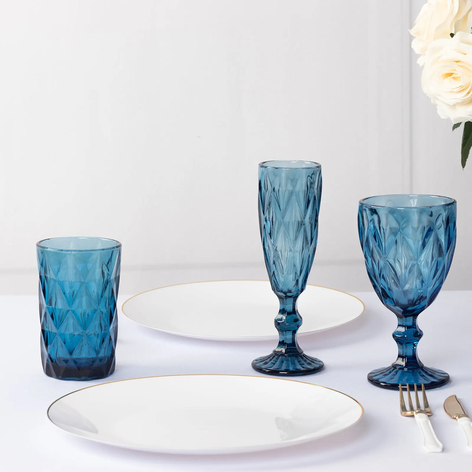 6-Pack Crystal Cut Glassware Set, 12oz Ocean Blue Whiskey Glasses with Textured Design & Heavy Base (5in) - Highball Tumblers for Baby Showers & Cocktail Enthusiasts