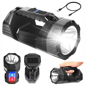 1PC Solar Rechargeable Flashlight, LED Spotlight Flashlight Outdoor with Cob Light and Solar Panels, High Power Flashlights, 6 Modes Long Lasting Large Waterproof Spot Light for Hunting Boating Camping, High Lumen Flashlight