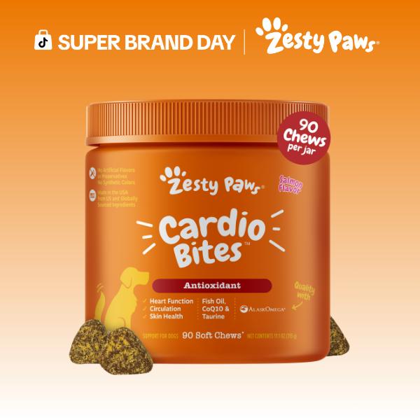 Zesty Paws Cardio Bites for Dogs, Cardiovascular Health and Circulation Support Supplement for Dogs, Omega 3 Fatty Acid Fish Oil Soft Chew Pet Treats