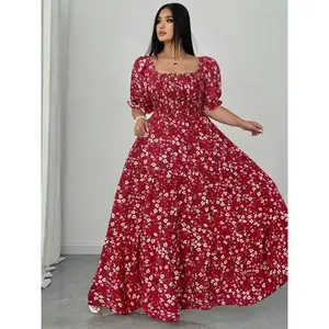 FINJANI Plus Size Floral Print Maxi Dress for Women - Square Neck Puff Sleeve Smocked High Waist Fitted Woven Fabric Comfortable for Spring Fall Fashion Beach Casual（gift）