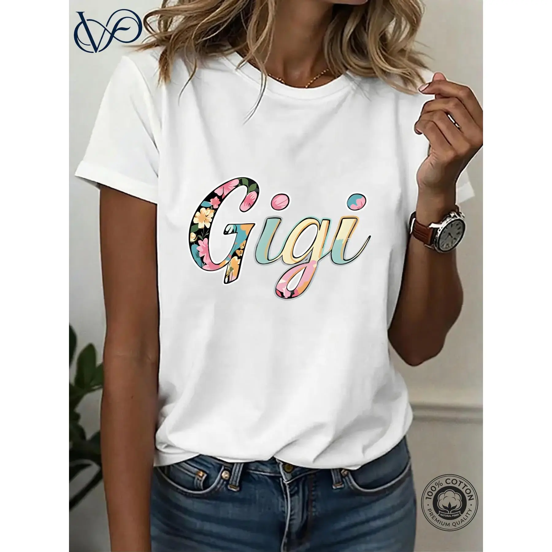 Women's Gigi Floral Print Graphic Tee, Casual Cotton Shortsleeve Top for Everyday Wear, Personalized Gift for Lady, Tshirt