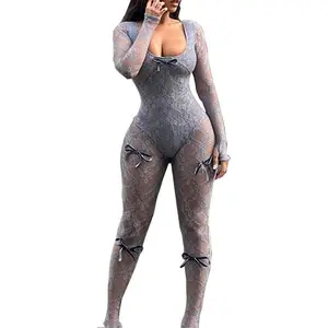 Women Lace Long Sleeve U Neck Bodycon Jumpsuit Streetwear Rompers Womenswear Overalls