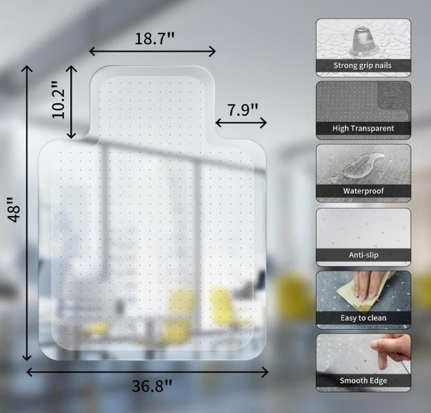 Clear Office Chair Mat for Carpet, 36x48 Inch Studded Carpet Protector Gasket, Heavy Duty Anti-Slip Floor Mat with Lip, Easy Glide for Low Pile Carpet, Home Office