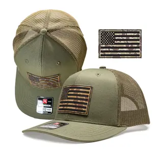Richardson 112 USA Flag Hat - Loden Green Leatherette Patch - Adjustable Snapback Cap for Military & Veterans - Camouflage Design - One Size Fits Most