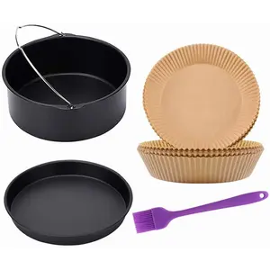 MIUVA Air Fryer Accessories Set - 7 inch Cake Barrel, Pizza Pan, 50 Non-stick Liners, Silicone Basting Brush - Perfect for 3.2QT-5.8QT Air Fryers, Oven, Microwave Thanksgiving tableware Value Pack Valentine's Day gift Christmas Gift Set Stock Up