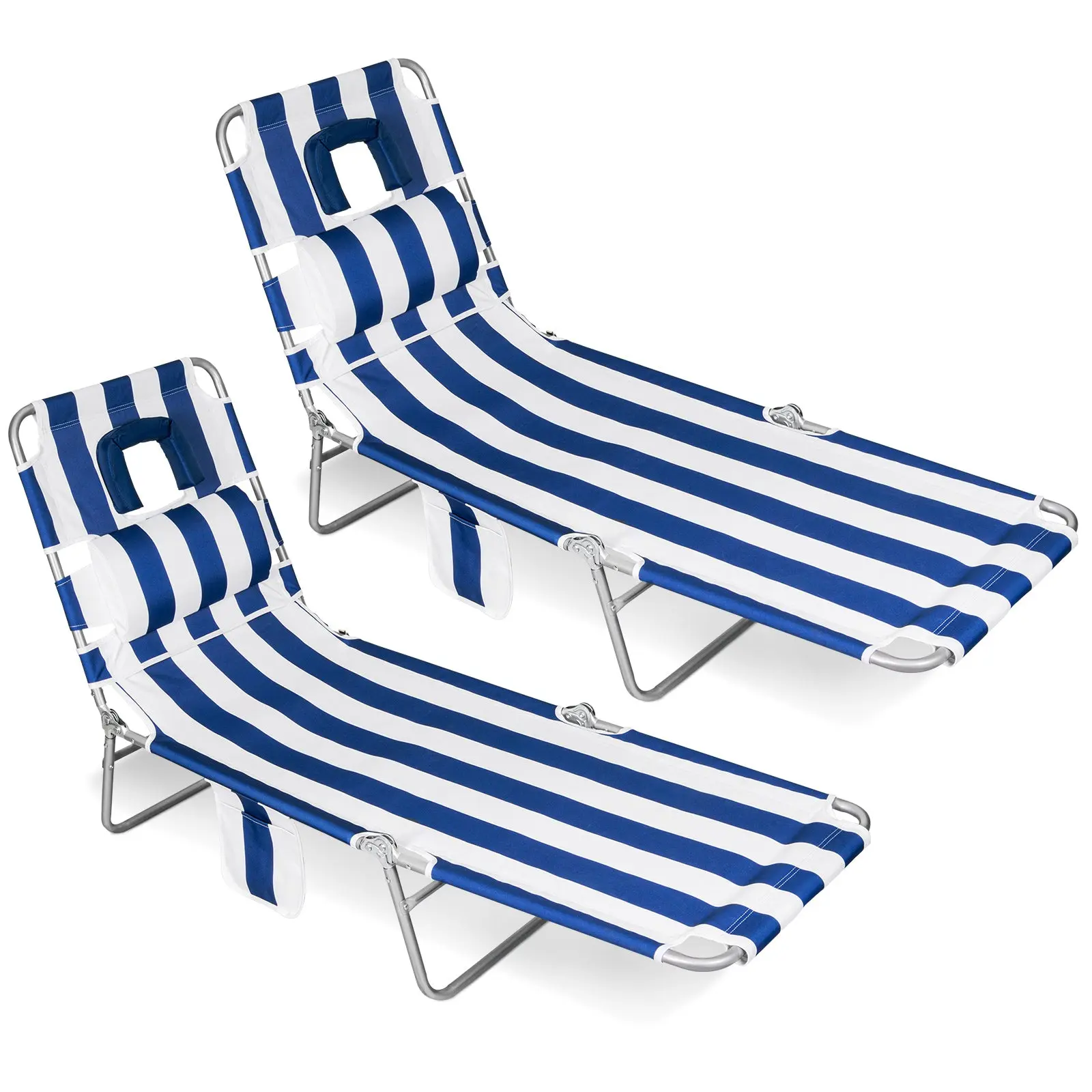 SUNSPIRE 2-Pack Folding Outdoor Beach Lounge Chairs for Adults - Heavy Duty, 5-Position Adjustable Back Lay-Flat Tanning Cot with Face Hole Pillow, Side Pocket, Carrying Strap for Lawn, Deck, Poolside