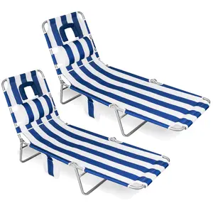 SUNSPIRE Folding Beach Lounge Chair with Face Hole Pillow Side Pocket, Heavy Duty 5-Position Lay-Flat Tanning Cot for Outdoor Poolside Yard Lawn 2-Pack