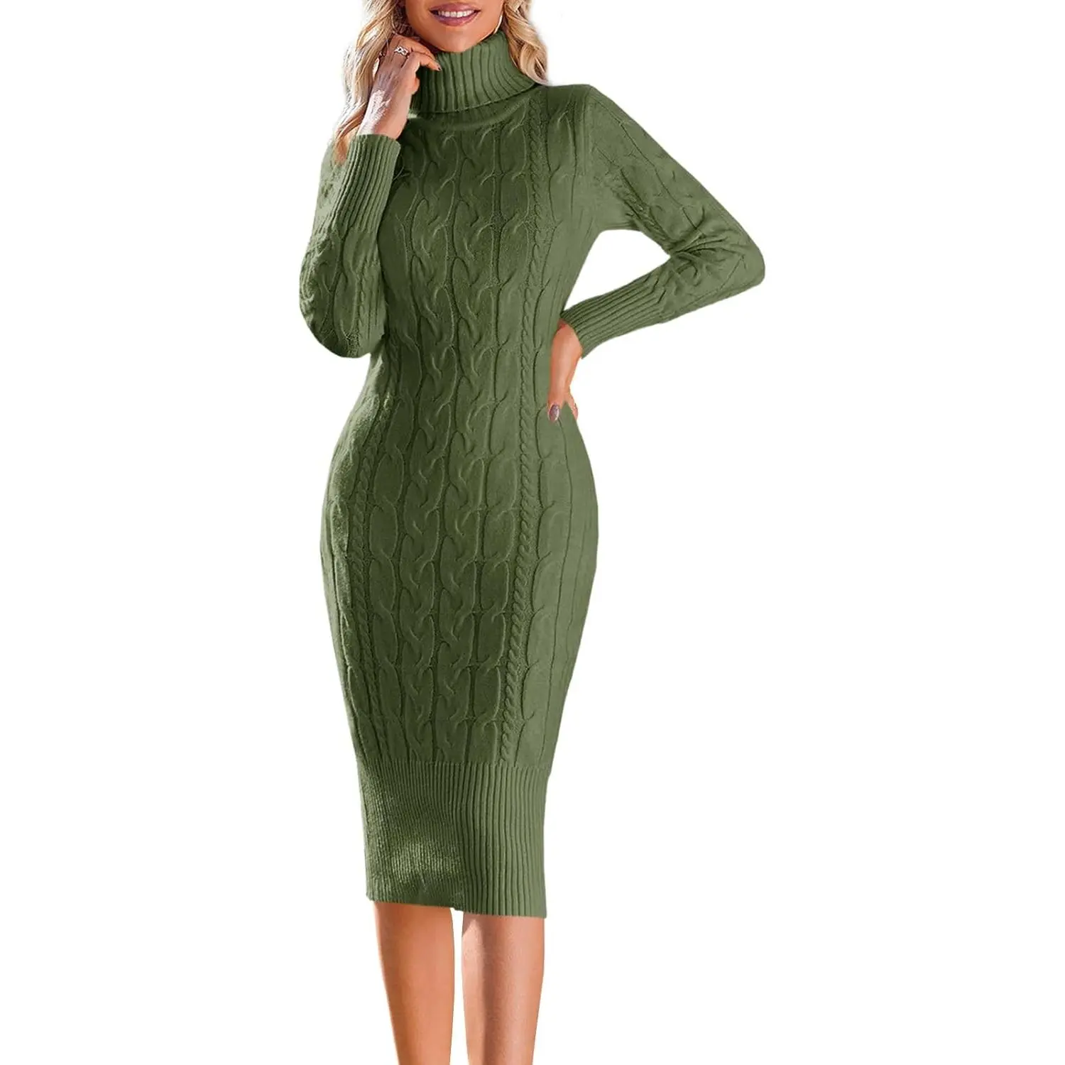 Saodimallsu Women's Knitted Sweater Dress, Casual High Neck Long Sleeve Basic Nylon Bodycon Midi, Fabric