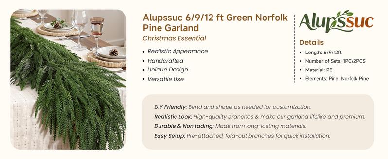 SHareconn 6/9/12 ft Artificial Christmas Garland, Real Touch Norfolk Pine Garland - Pine Garland, Greenery Christmas Garland for Mantle, Table, Fireplace, Indoor, Outdoor Christmas