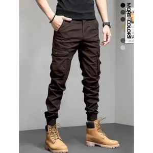 Men's Solid Drawstring Cargo Pants, Loose Casual Slant Pocket Elastic Waist Trousers for Outdoor Wear, Men's Streetwear Bottoms for All Seasons