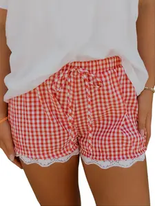 Women's Chic Red Gingham Plaid Shorts - Elegance Casual Bottom, Elastic Waist, Lace Patchwork Hem, 95%Cotton 5%Polyester Breathable Fabric for Outdoor Fun