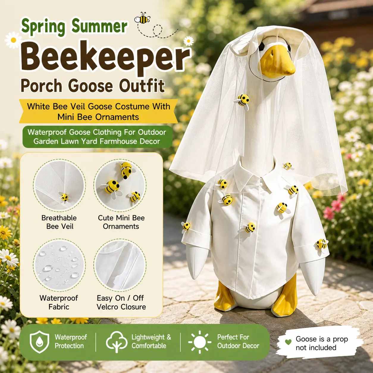 Spring Summer Beekeeper Porch Goose Outfit, White Bee Veil Goose Costume With Mini Bee Ornaments, Waterproof Goose Clothing For Outdoor Garden Lawn Yard Farmhouse Decor