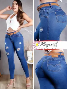 8447-Push Up Colombian Jean Blue Denim with Distressed Details Comfortable Fit for Everyday Wear All Seasons