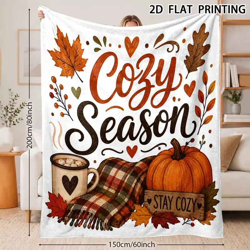 Cozy Season Fall Blanket, Pumpkin Cocoa Plaid Throw Blanket, Rustic Autumn Home Decor