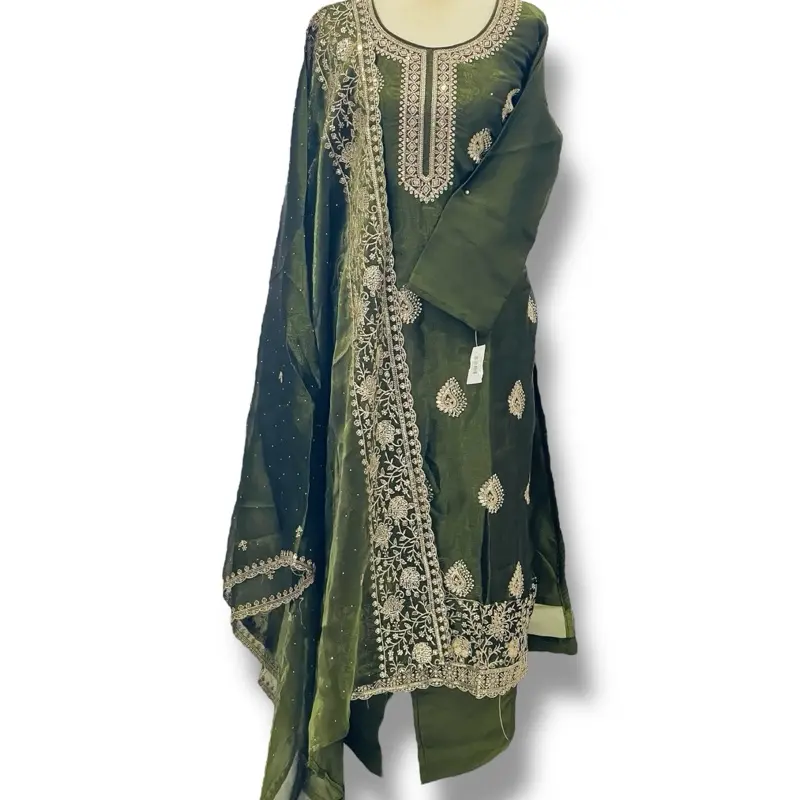 Organza 3 pc- Beautiful desi wear with shalwar and dupatta. Golden Embroidery done. Available colors- Magenta, Olive Green, Maroon & Turquoise Blue.  Chest size- 41”