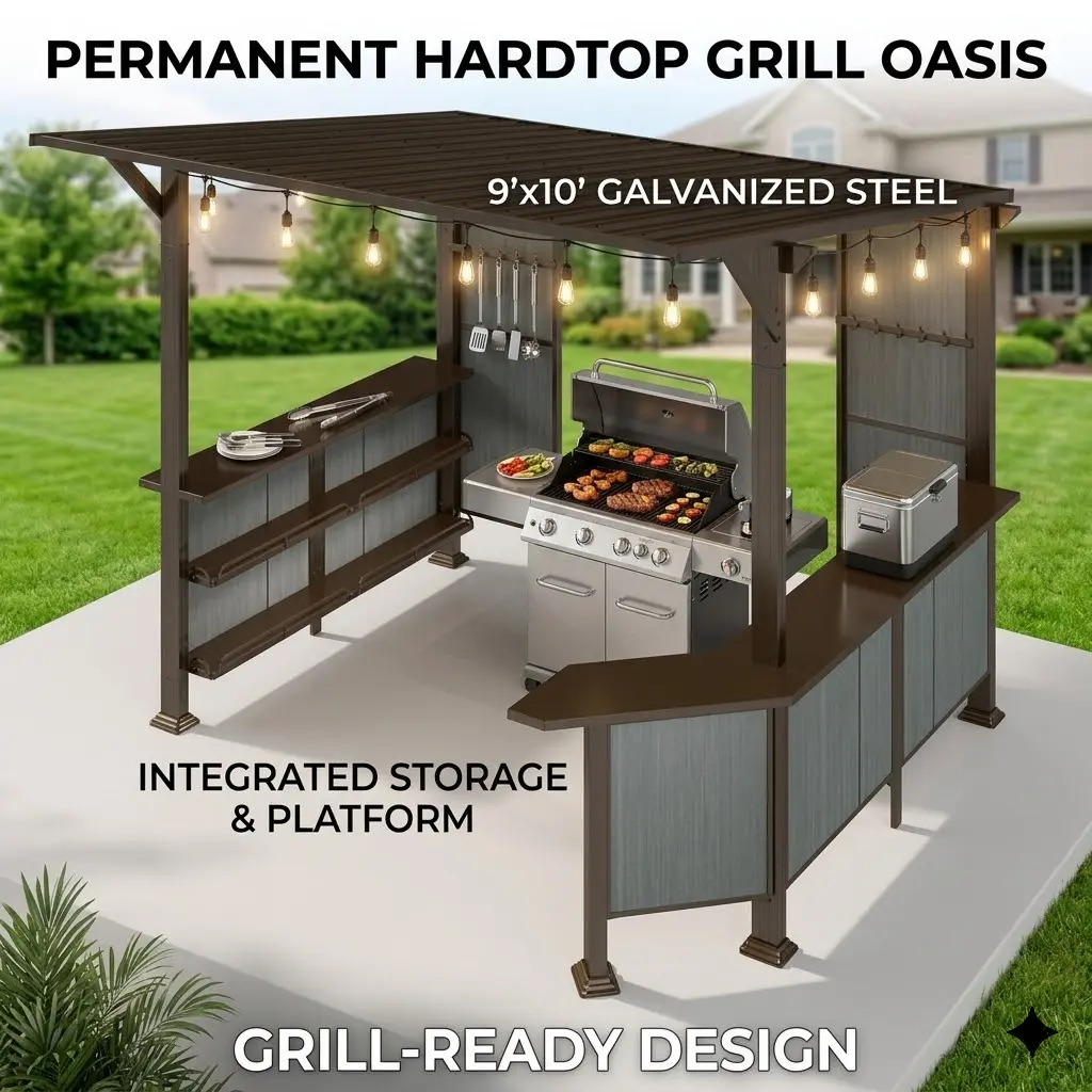 Hardtop Grill Gazebo Outdoor BBQ Canopy Shelter 9x10 FT Lean To Galvanized Steel Roof with Storage Shelves and Expansion Platform Permanent Brown Shade Structure for Patio Grilling Station Backyard Cooking Area
