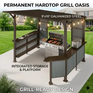 Hardtop Grill Gazebo Outdoor BBQ Canopy Shelter 9x10 FT Lean To Galvanized Steel Roof with Storage Shelves and Expansion Platform Permanent Brown Shade Structure for Patio Grilling Station Backyard Cooking Area