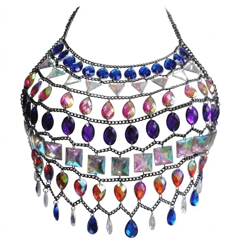 Festival Halter Top Y2K Diamond Sequin Backless Chain Link Crop Top Gem Patchwork Rhinestone Body Jewelry Party Festival Body Chain Bedazzled Halter Top