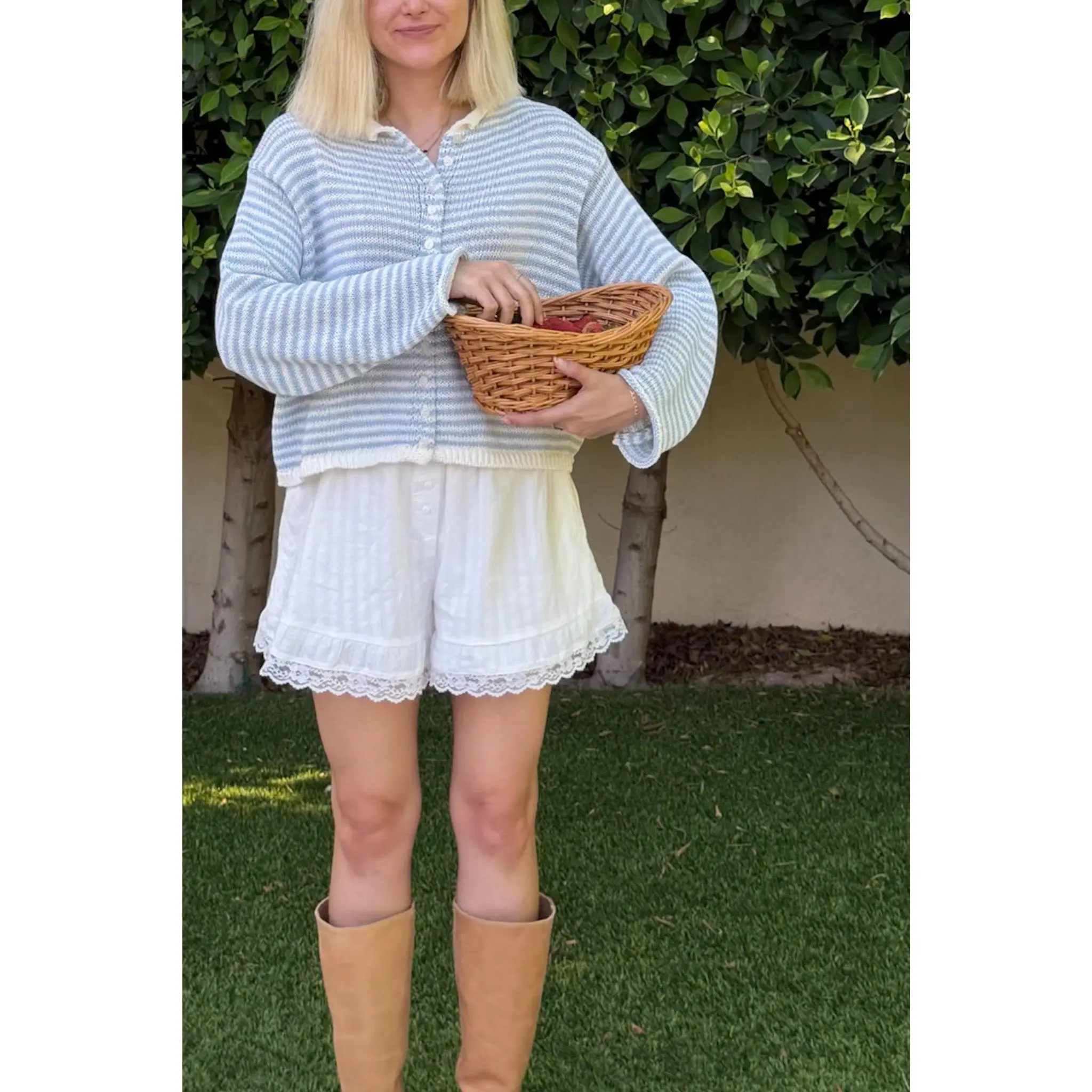 Haven Cotton Mini Striped Knit Cardigan in Dusty Blue and White