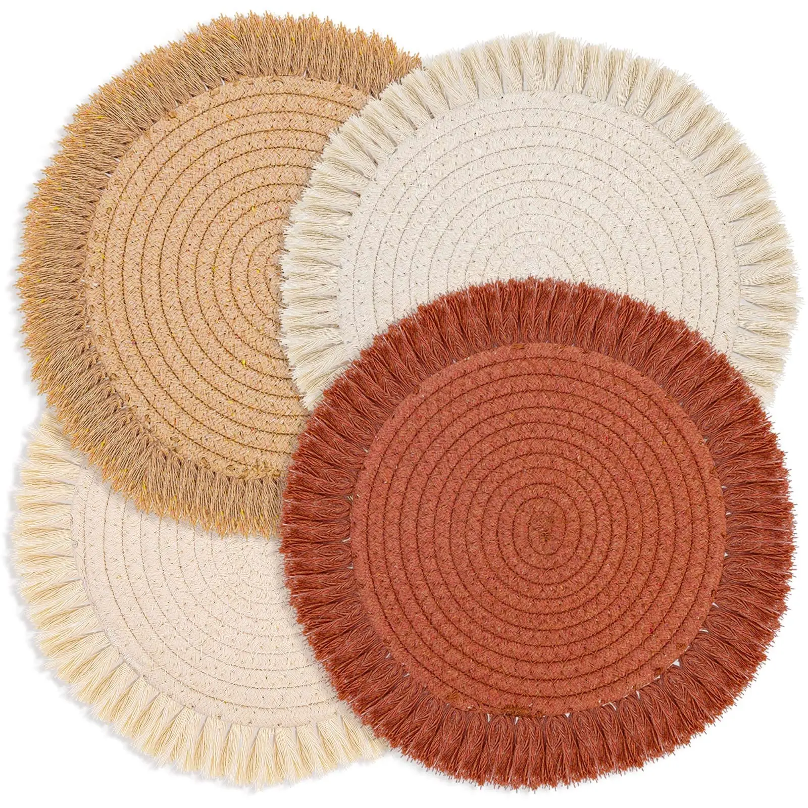 Boho Chic Cotton Tableware Placemat Set - 13" Washable Round Mats, Indoor Insulated 4-Color Placemats, Gift Ideas, Four Colors Placemats